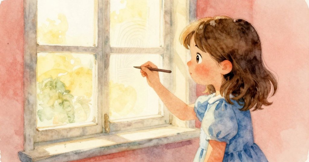 Lena靜止間回憶湧起,窗上樹幹線條因呼吸柔化,溫暖色調中交織著過去與現在情感。