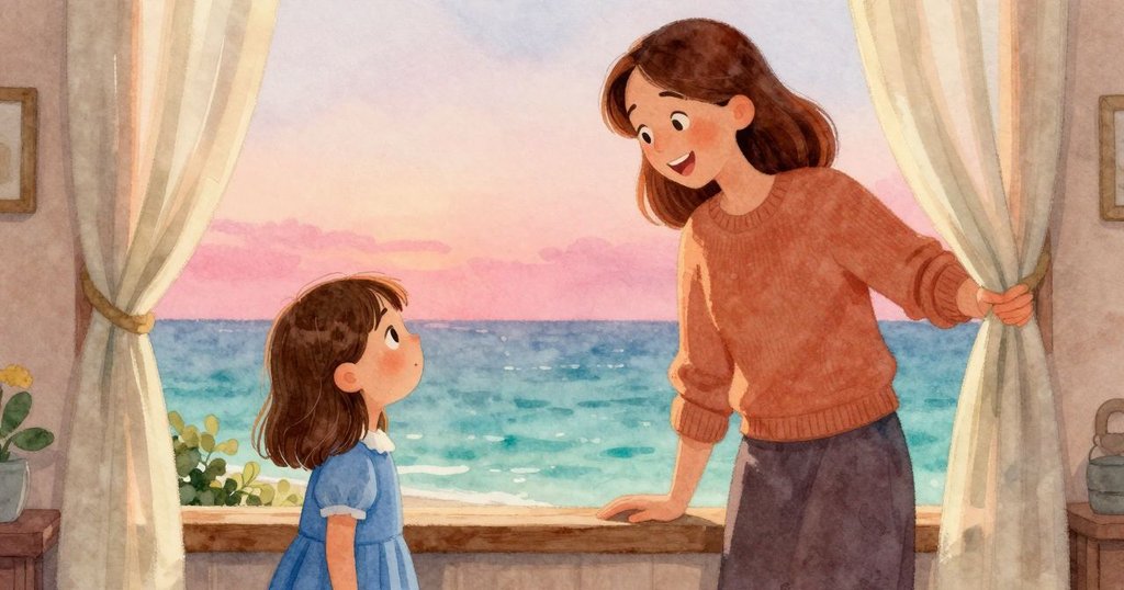 Lena和母親間溫柔互動,Lena輕笑回應母親柔語,窗邊氣氛充滿家常溫暖與創意氣息。