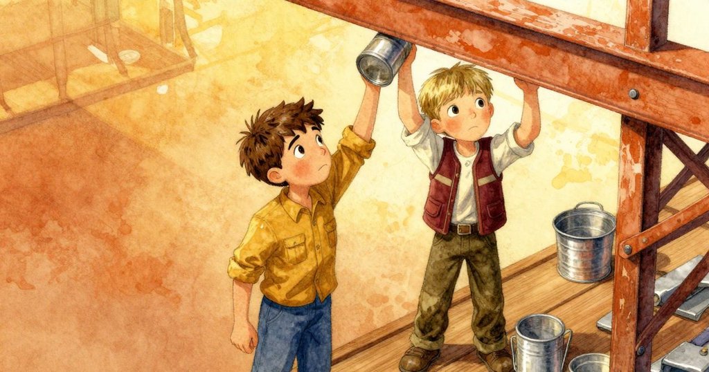 Max在陽光下高舉錫罐,旁有Emmet及其他工人忙碌於船維修區,呈現活力與團隊協作的情景