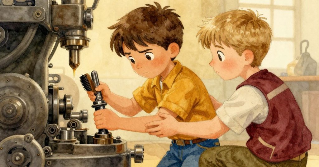 Emmet從背後觀看Max細心清潔機械油垢,展現團隊合作,背景顯示內部維修環境與溫暖光影