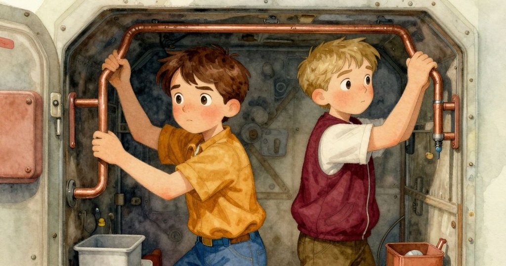 在船艙內新房間,Max清理風車柄油垢,Emmet穩住繩索,兩人協作默契,背景呈現溫暖內部機械環境