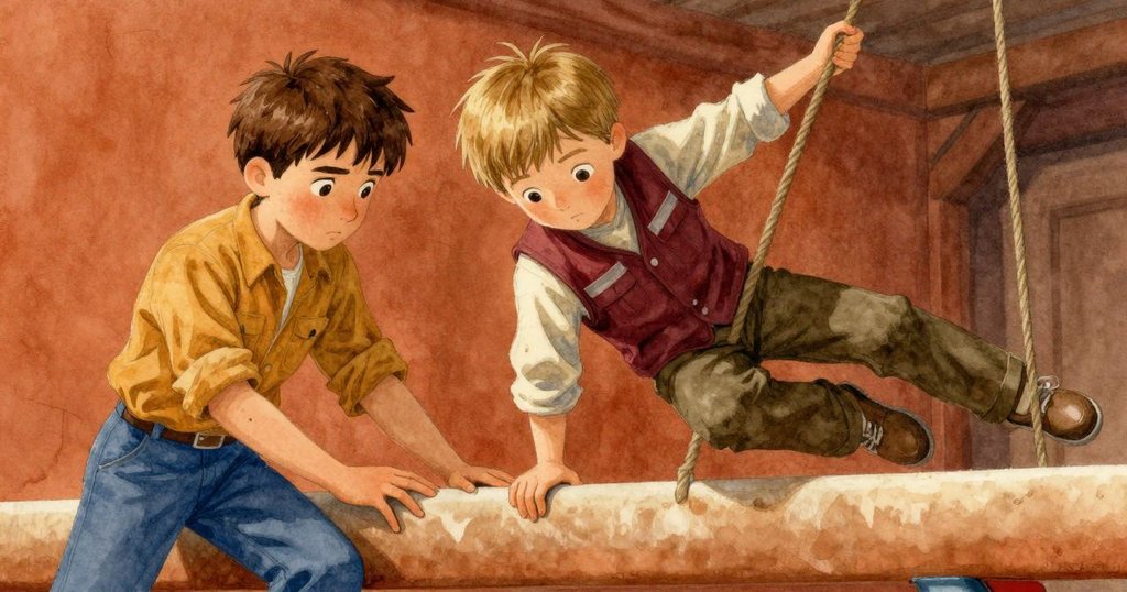 瞬間凝固,平衡梁半停,船頭傾斜,Emmet腳步滑動,Max迅速穩住繩索,情勢緊湊且充滿決心