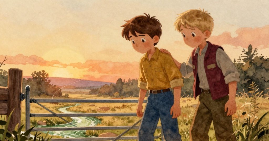 最終畫面,細碎破布線隨綠色水流輕輕飄揚,緊閉的閘門象徵任務圓滿,整體氛圍寧靜充滿希望