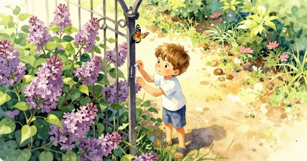 懷亞特在花園中用粉筆描繪，蝴蝶停留在鐵柱上，背景有紫丁香灌木，充滿溫暖晨光與動感。