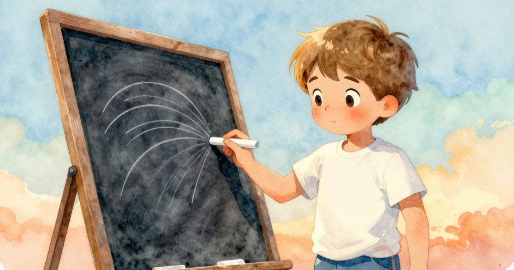 懷亞特專注地握著粉筆，臉上流露出好奇與認真的表情，近距離呈現石板上的隱約弧線。