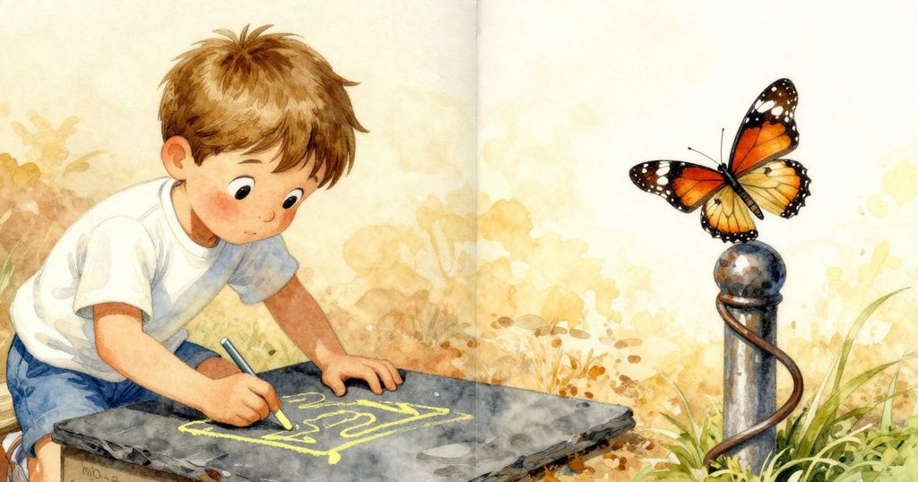 左邊懷亞特用黃色粉筆描繪弧線，右邊蝴蝶正輕舞飄揚，展現鐵柱微微傾斜，故事情節連貫發展。