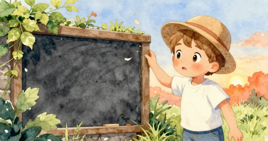 懷亞特站在花園牆邊，靜靜觀察落在帽子上的紫丁香花瓣，與石板上的粉筆線條形成溫柔對比。