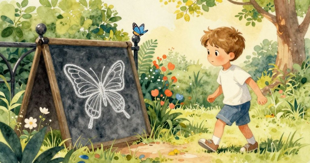 懷亞特滿意地欣賞完成的粉筆作品，蝴蝶與鐵柱相映成趣，整個花園瀰漫著寧靜與和諧的光影，故事圓滿結局。