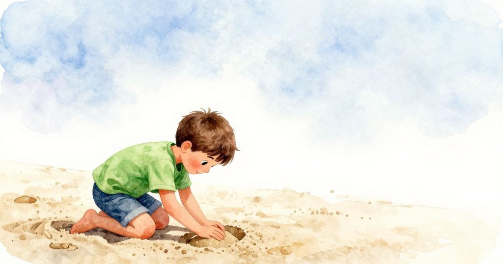 Vernon蹲在沙坑中仔細檢查凹陷,空曠背景強調專注與好奇心,展現初步探索的情景