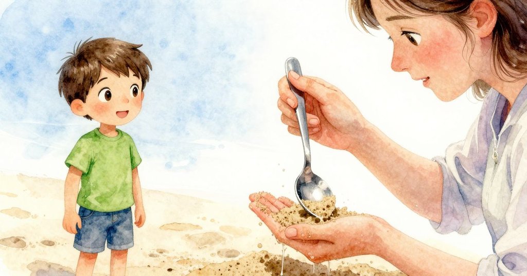 從Vernon的視角看到手持金屬湯匙,按壓潮濕深色沙層,細膩刻畫挖掘與動作細節