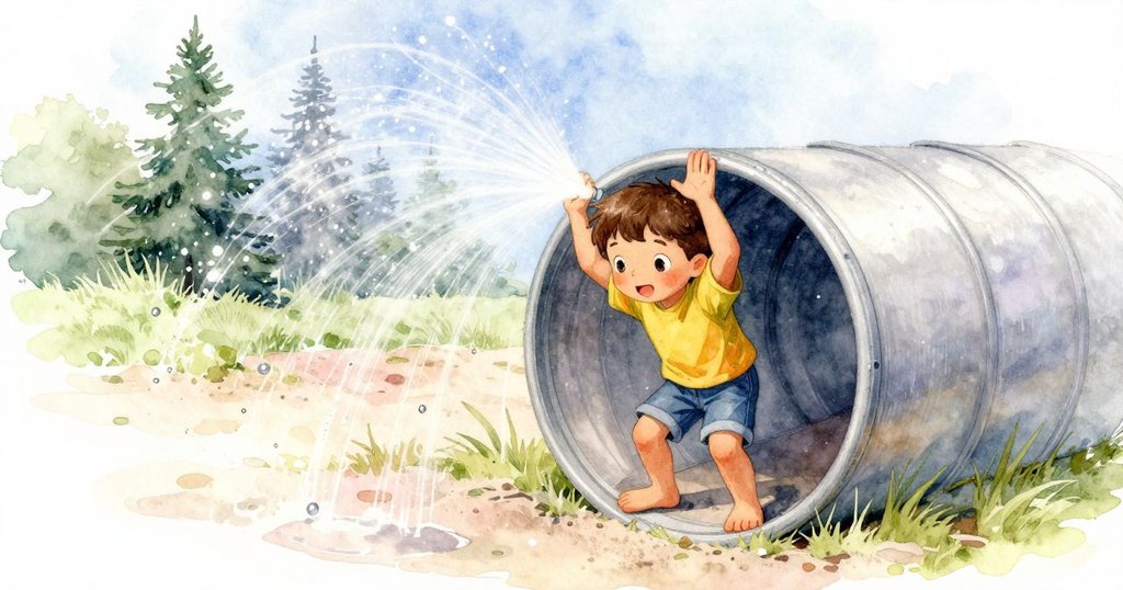 Vernon在沙坑中保護隧道,噴水器噴灑水珠,場景呈現時間流逝與情境改變,充滿小心調整的動作