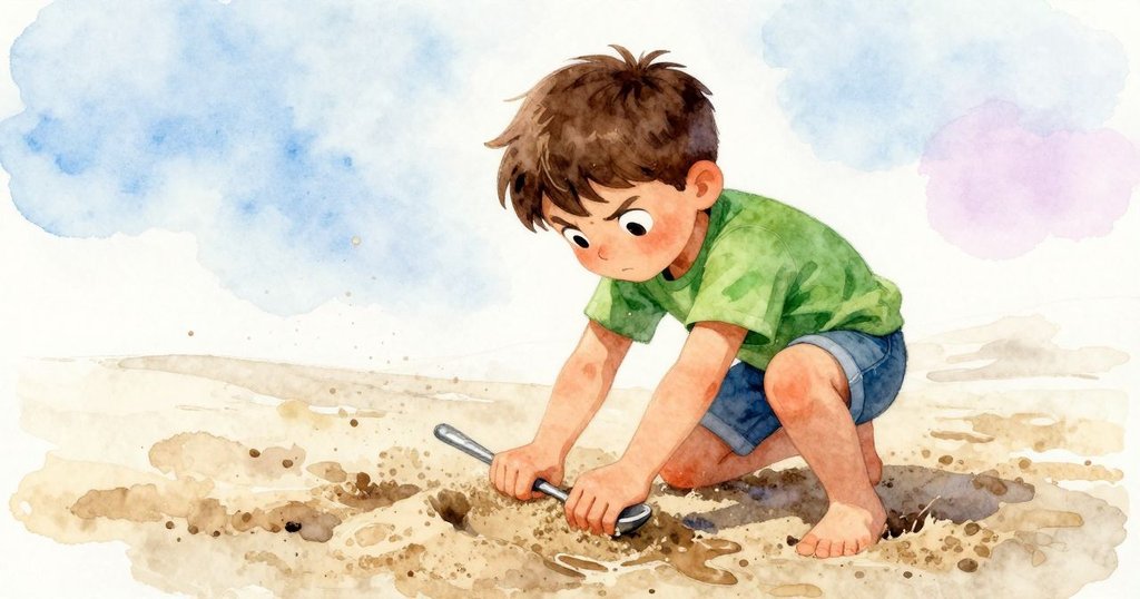 Vernon面露堅定,用力按壓湯匙進入潮濕沙中,肩膀圓起,展現克服挑戰與努力的瞬間