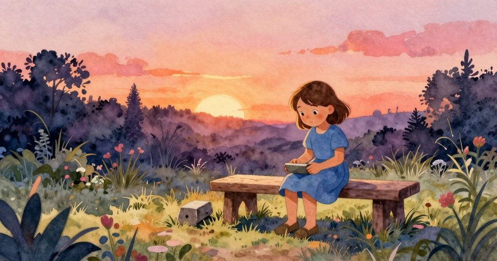 菲伊坐在花園長椅上,凝視著刻痕的磨石,畫面展現柔和陽光下的寧靜庭園,開始充滿希望的序幕