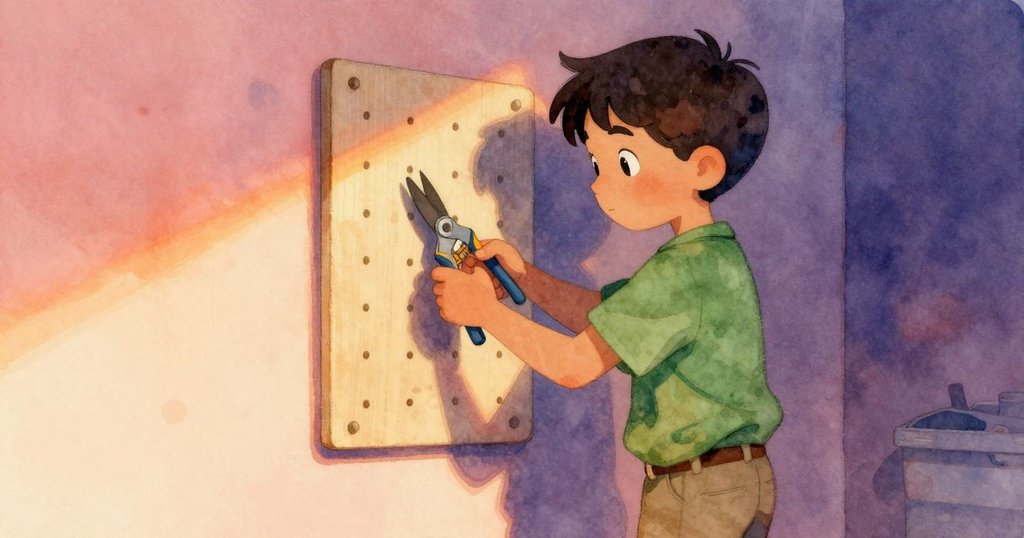 伊德里斯在寬敞空間中整理剪刀,背景留白襯托出他專注神情,畫面散發著和煦晨光與寧靜氣氛