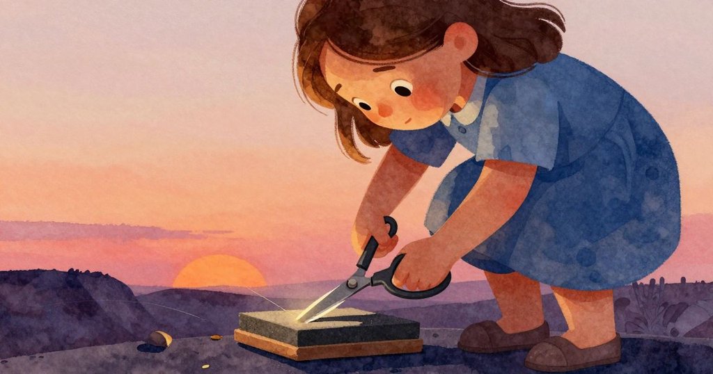 菲伊專注操作剪刀於磨石上,傾斜視角突顯動感與細緻工作,手法靈活中流露出堅定決心