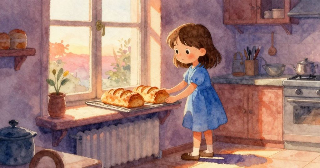 菲伊站在溫馨廚房內,注視窗邊放著降溫麵包,室內充滿柔和光線與舒適氣氛,情緒溫暖