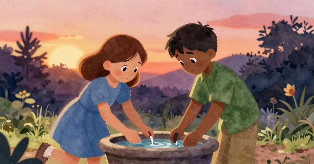 菲伊與伊德里斯在花園水槽旁合力清理殘餘,動作協調中展現溫暖午後光輝與圓滿合作