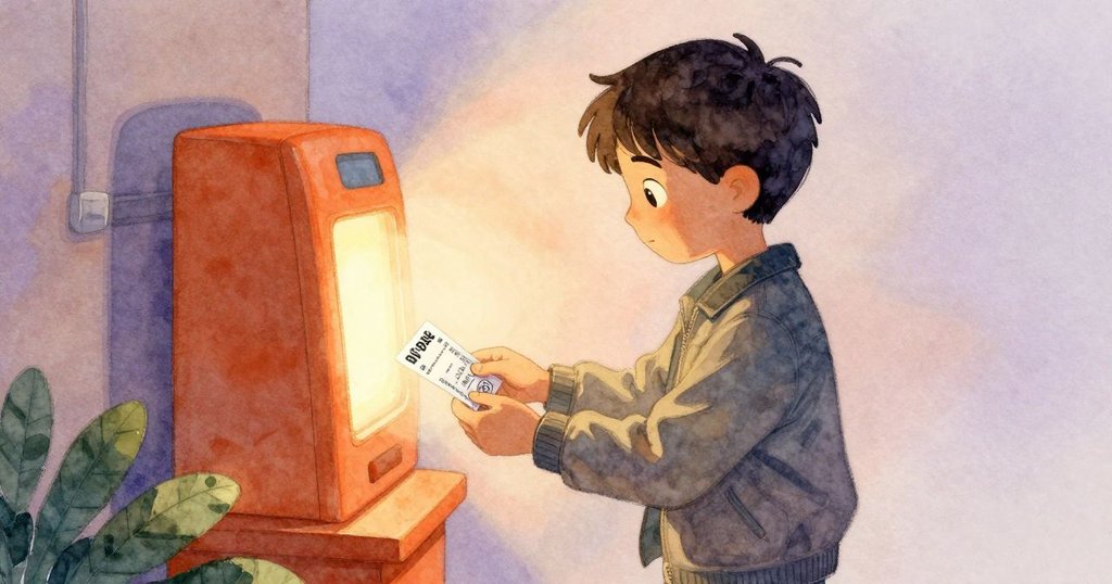 Boris在票閘旁仔細摩擦塑膠卡，柔和金光照射下呈現細節，背景展現現代車站氛圍與神秘霧氣。