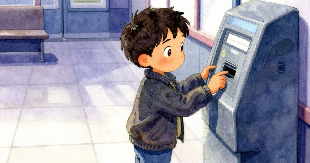 從低角度視角看Boris專注操作票閘，展現手部細節及城市車站地面質感，小生物似乎靜靜觀察。