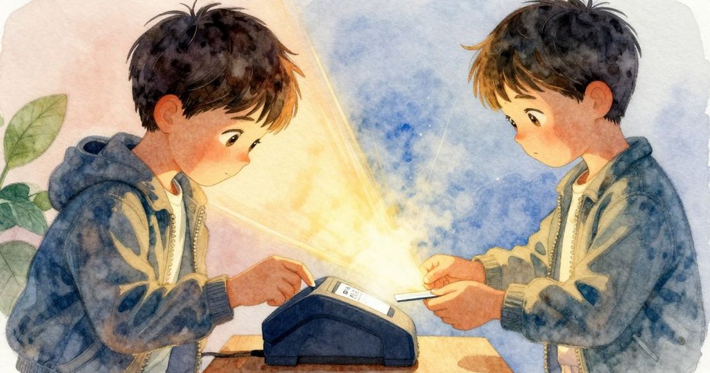 近景展示票閘上薄霧與金光交織，Boris專注按壓卡片，暖光與冷影形成微妙對比，場景氛圍細膩。