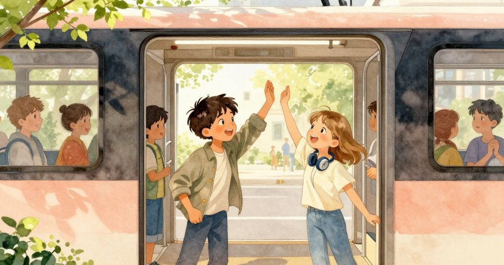 Boris通過旋轉門後展露喜悅，與Faye和其他乘客互動，溫暖燈光中展現都市車站的歡樂氣氛。