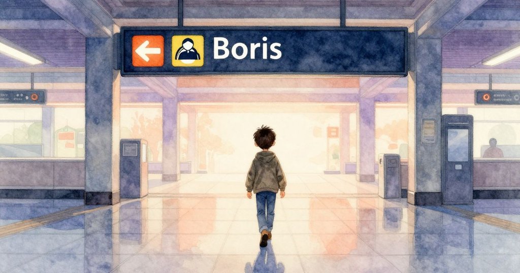 Boris輕步走向列車時刻顯示屏，環境柔和光影中呼應起始剪影，城市車站展現完成與寧靜情緒。