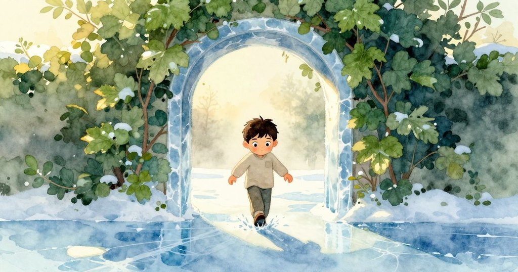 Wade邁入冰面入口，踏上冬日冰霜道路，神情堅定迎向冒險，背景有柔和陽光與雲霧