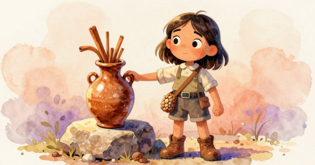 Paloma站在石邊，小心觸碰色澤溫暖的陶瓷花瓶與生鏽鵝卵石袋，她輕點腳跟，神情期待和專注