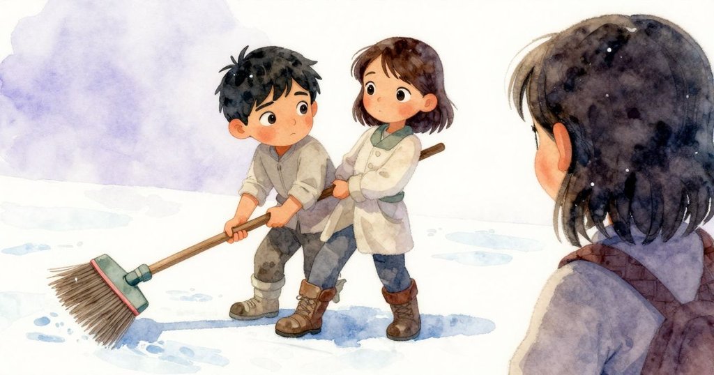 從Paloma背後視角看Wade穩握掃把，他靜默專注傳遞支持，冰面上光影交錯呈現緊張氣氛