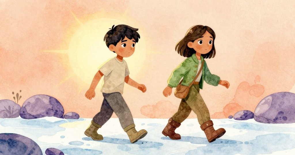 Wade與Paloma並肩穿越冰面與暖光間的過渡區，他們小心擺放石頭於薰衣草旁，步伐穩健充滿希望