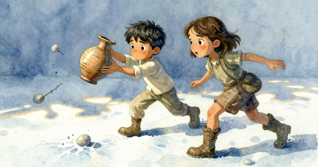 冰面上樹枝迅速滑動撞擊陶瓷花瓶，花瓶旋轉並彈出石子，展現突發瞬間與劇烈動作