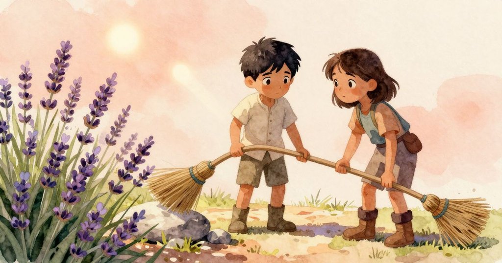 在暖陽映照的岸邊，Wade與Paloma互遞掃把，精心在薰衣草旁擺放石頭，臉上流露出成就與寧靜