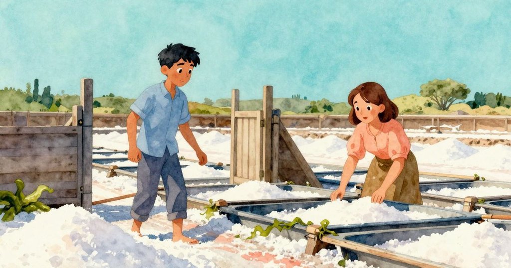 巴西爾在鹽田中忙碌工作,露西婭和其他工作者圍繞,晨光中充滿活力,場景展現集體合作的情景