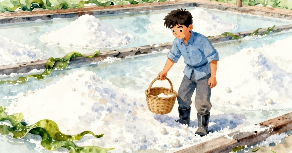 巴西爾低頭觀察舊籃子與鹽痕,細膩光線下展現歷史感,場景充滿對過去工作的記憶