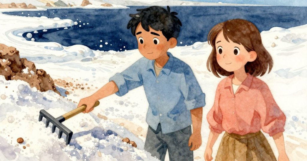 巴西爾視角下,手握耙子仔細觀察斑駁鹽痕,陽光映照細節,展現內心專注與工作風采