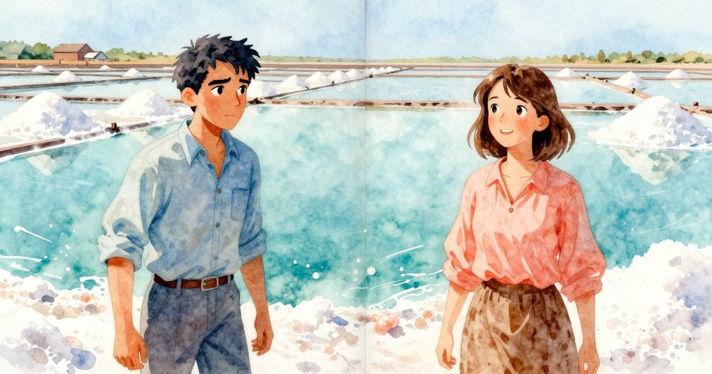 巴西爾與露西婭站在分裂畫面前,一側是真實閃爍鹽田,另一側呈現夢幻漂浮鹽塊,露西婭神情急促