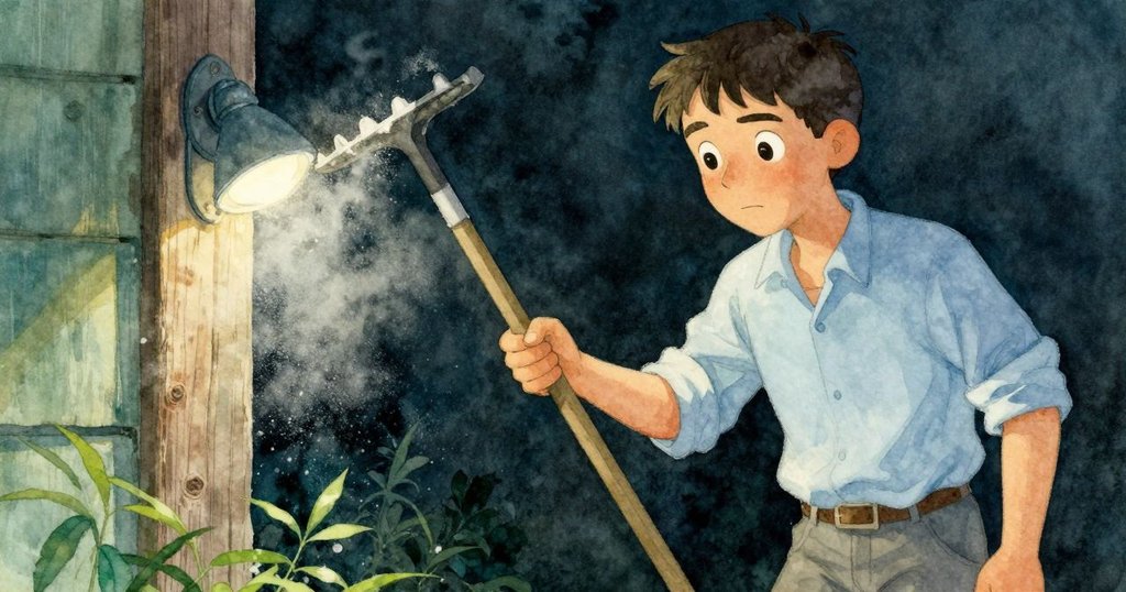 巴西爾在老舊柱旁深思,手握耙子緊鎖,周圍塵土與鹽粒飛舞,內心矛盾映現於專注神情中