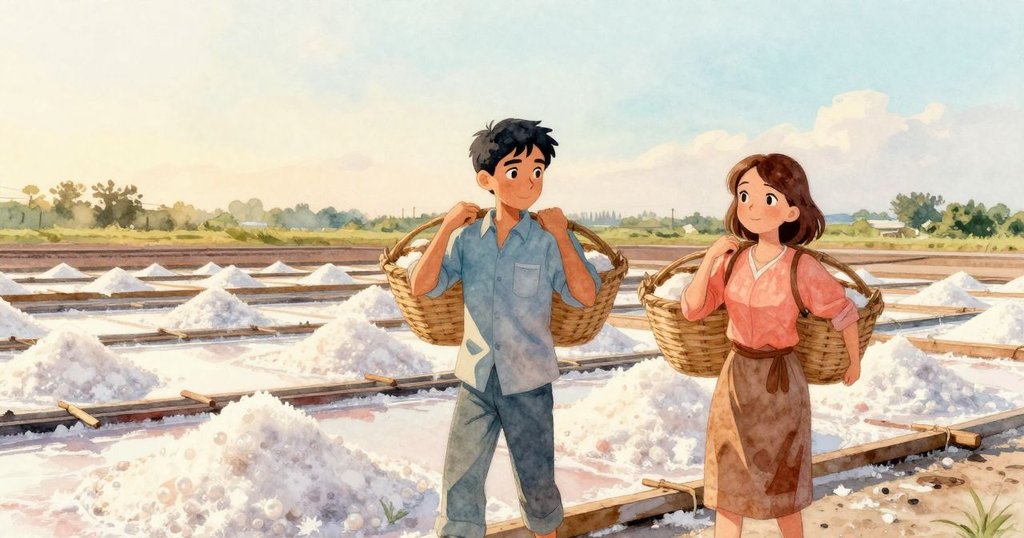 巴西爾與露西婭滿懷喜悅攜帶滿筐鹽晶返程,乾燥架上鹽花閃亮,夕陽溫暖映照重逢情景