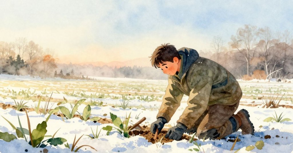 Wade在晨霧中開始工作,雪地寧靜,溫暖光線瀰漫,表現著期待與專注