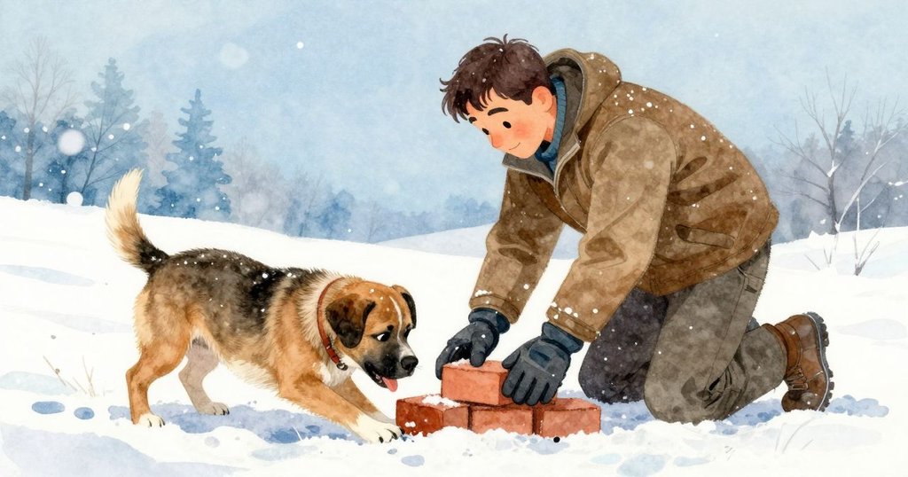 Wade努力放置磚塊,前景的狗不慎攪動雪粉,層次分明展現雪景與工具,現場氛圍緊張