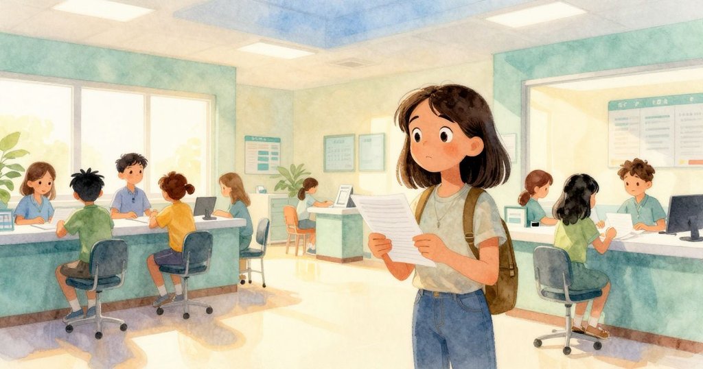 在明亮的診所大廳中，Stella站在人群中填表，表情好奇與期待，背景有其他候診者和溫暖光線