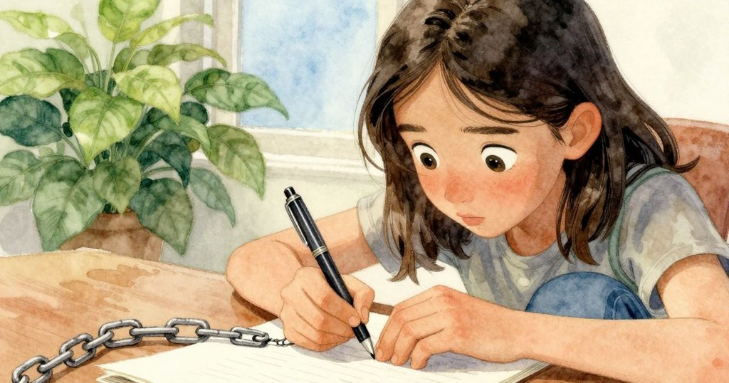 近距離展現Stella用心調整帶鏈筆的雙手，表情專注，細節豐富，背景略帶溫暖室內光線