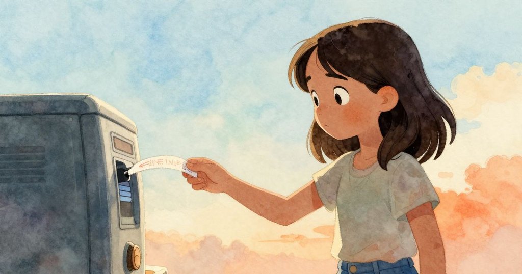 從Stella背後觀看，她專注於票機釋出不規則的52票，光線柔和，營造出期待氛圍