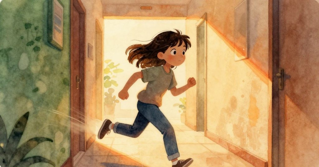 Stella急速奔向藥房窗邊，鞋子發出吱吱聲，歡快鈴聲迴盪走廊，充滿緊迫感與活力