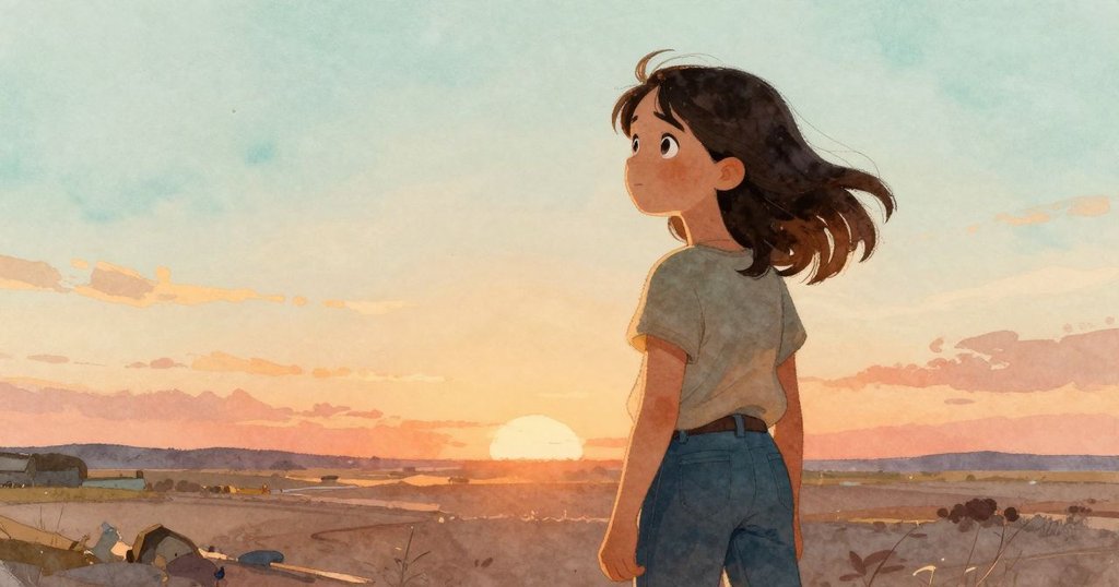 Stella在完成的表單前駐足，滿意凝望前方，紙角上星形墨滴象徵成功，氛圍溫暖而希望滿滿