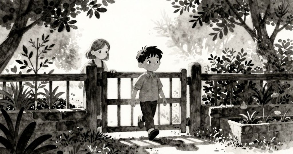 Jonas靠近老舊花園大門，輕觸木質邊緣，Cleo在旁耕作，晨光溫柔，展現開始的期待與活力。