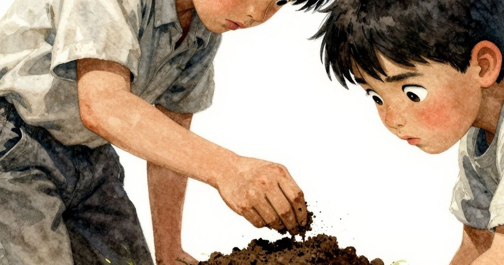 Jonas用鐵鏟舀起覆霜的堆肥，手部細節清晰展示泥土質感，充滿專注與溫暖。