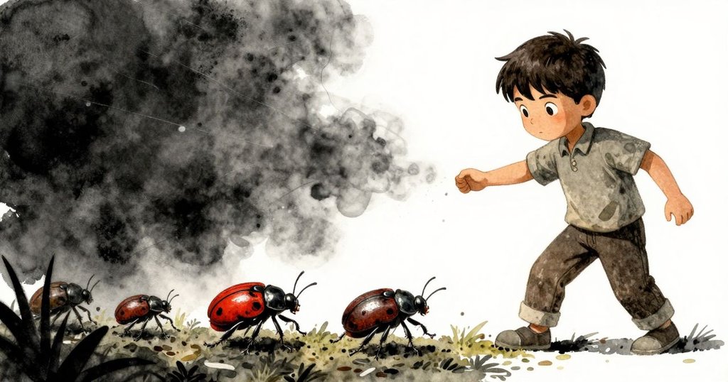 Jonas灑堆肥於生菜間，同時一隻小甲蟲沿木框迅速移動，畫面分割呈現動作與自然細節。