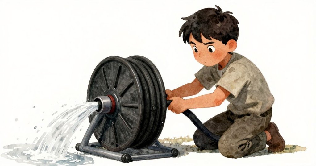 Jonas跪在水管旁傾聽流水聲，木材微振顯示溫度上升，畫面呈現晨冷漸轉溫馨的過程。