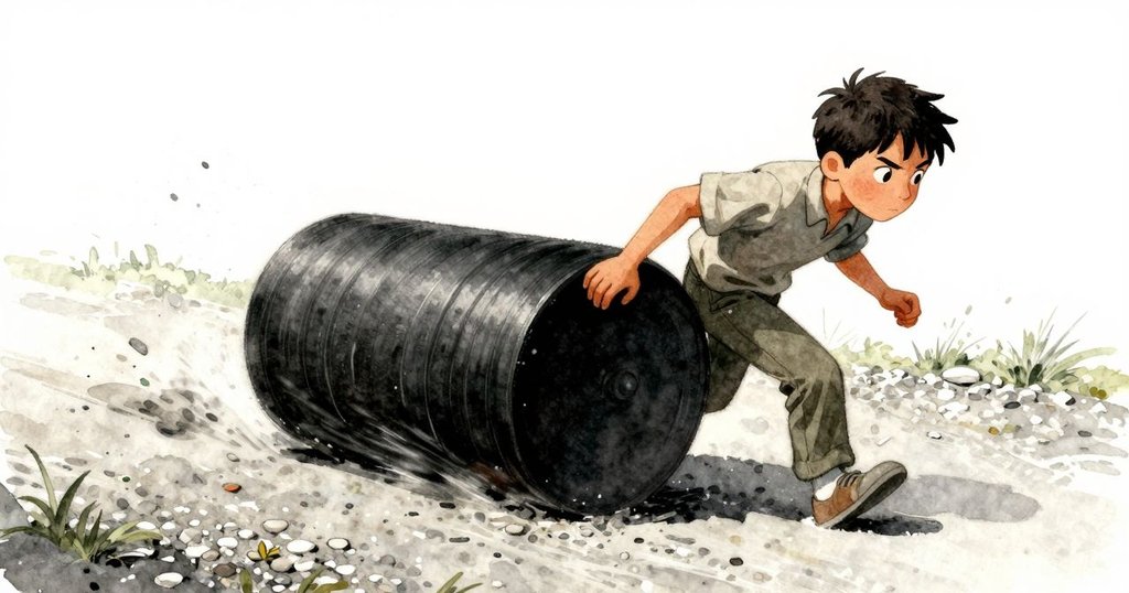 Jonas推著帶輪水桶沿碎石小徑前行，碎石如骰子般飛散，畫面充滿動感與決心。